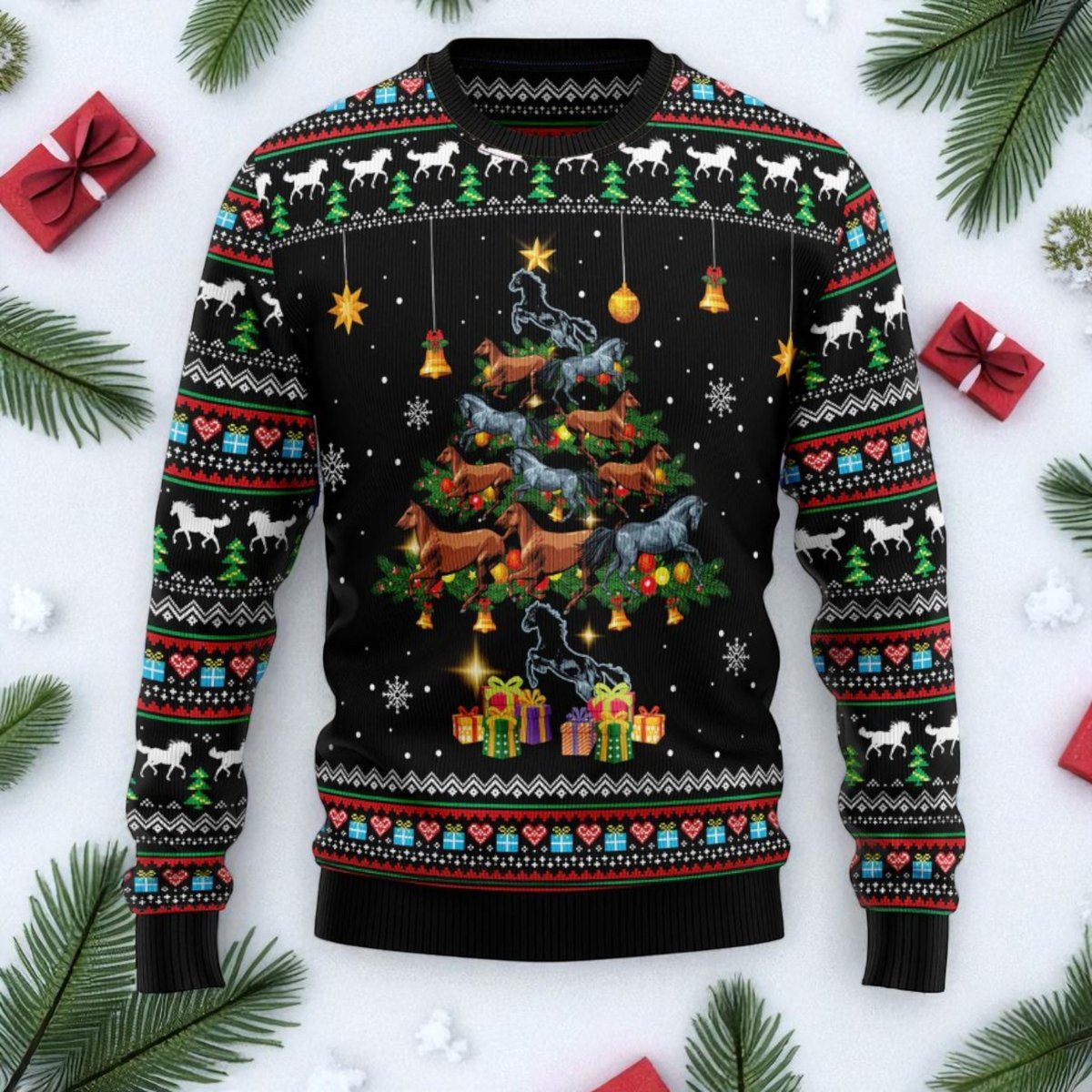 Horse Tree Ugly Christmas Sweater Equestrian Animal Holiday Pullover Gift