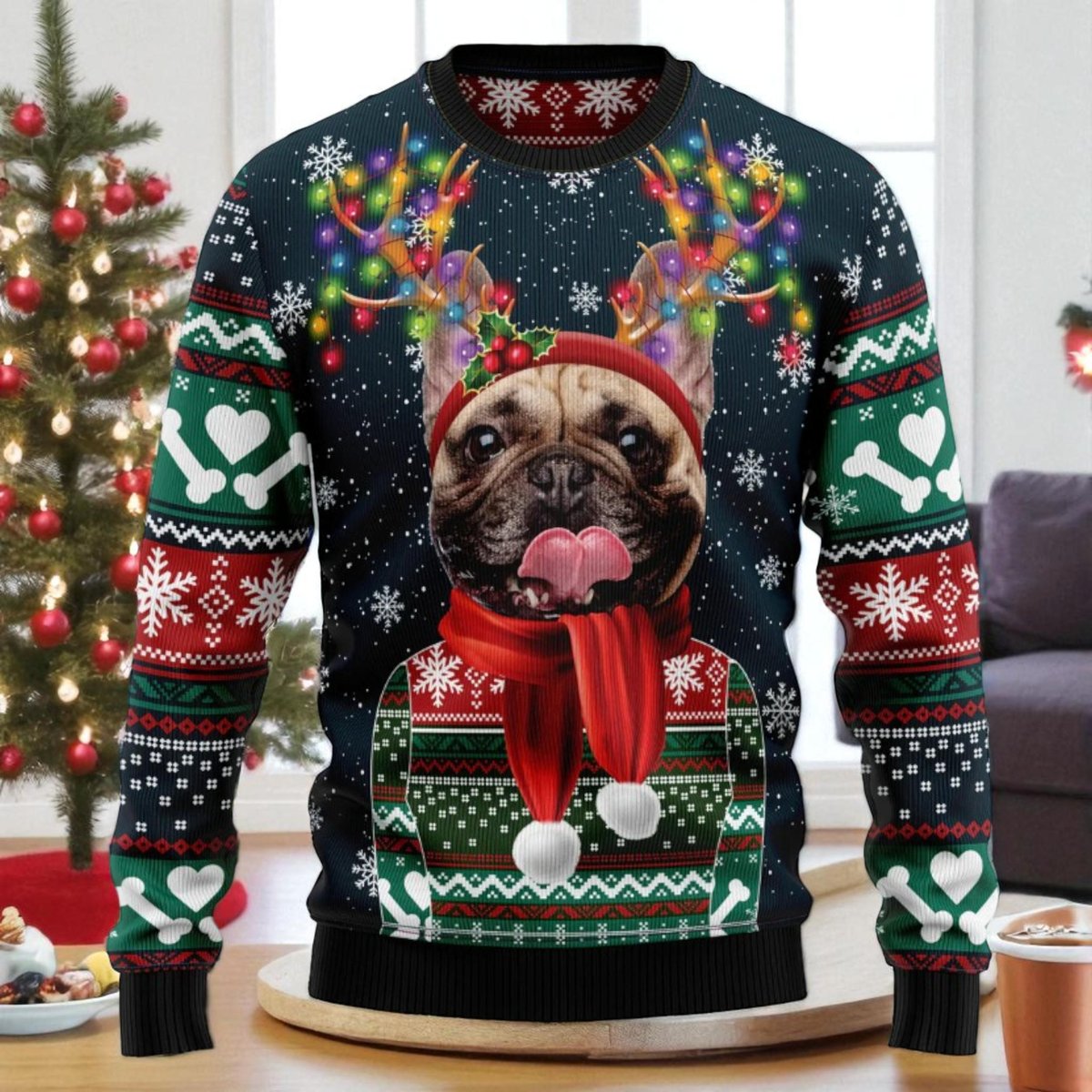 French Bulldog Reindeer Ugly Christmas Sweater Funny Dog Holiday Pullover Gift