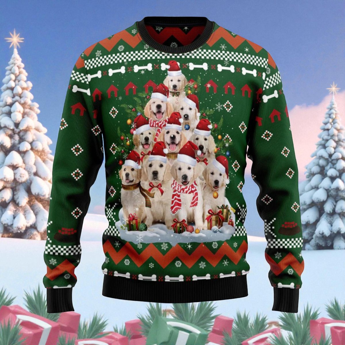 Golden Retriever Tree Ugly Christmas Sweater Cute Dog Holiday Pullover Gift