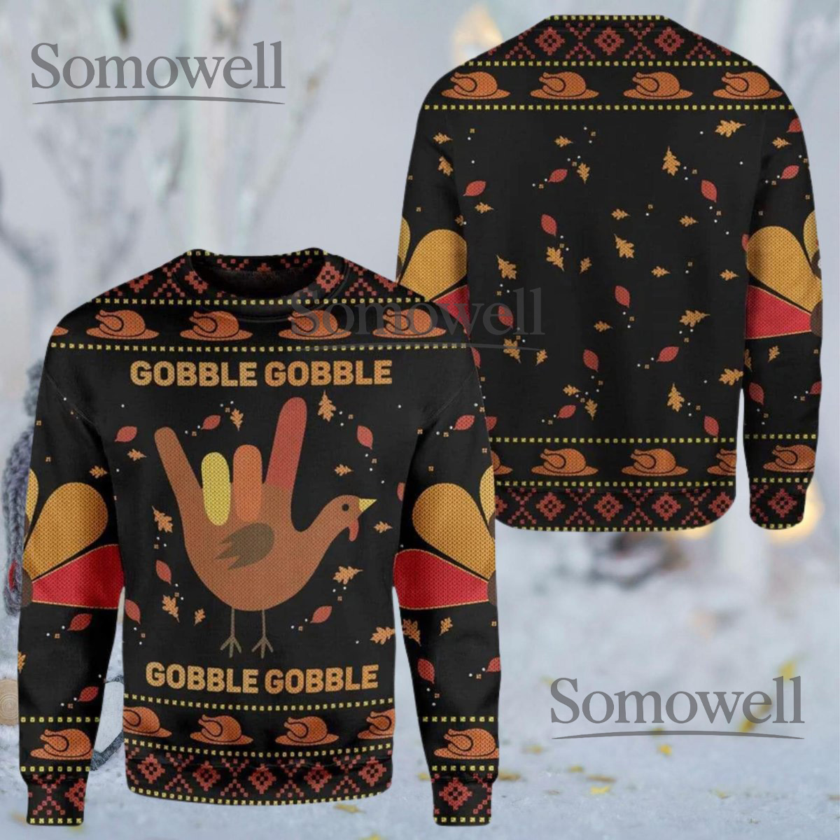 Gobble Gobble Turkey Hand Sign Black Ugly Thanksgiving Sweater Funny Holiday Knit Gift