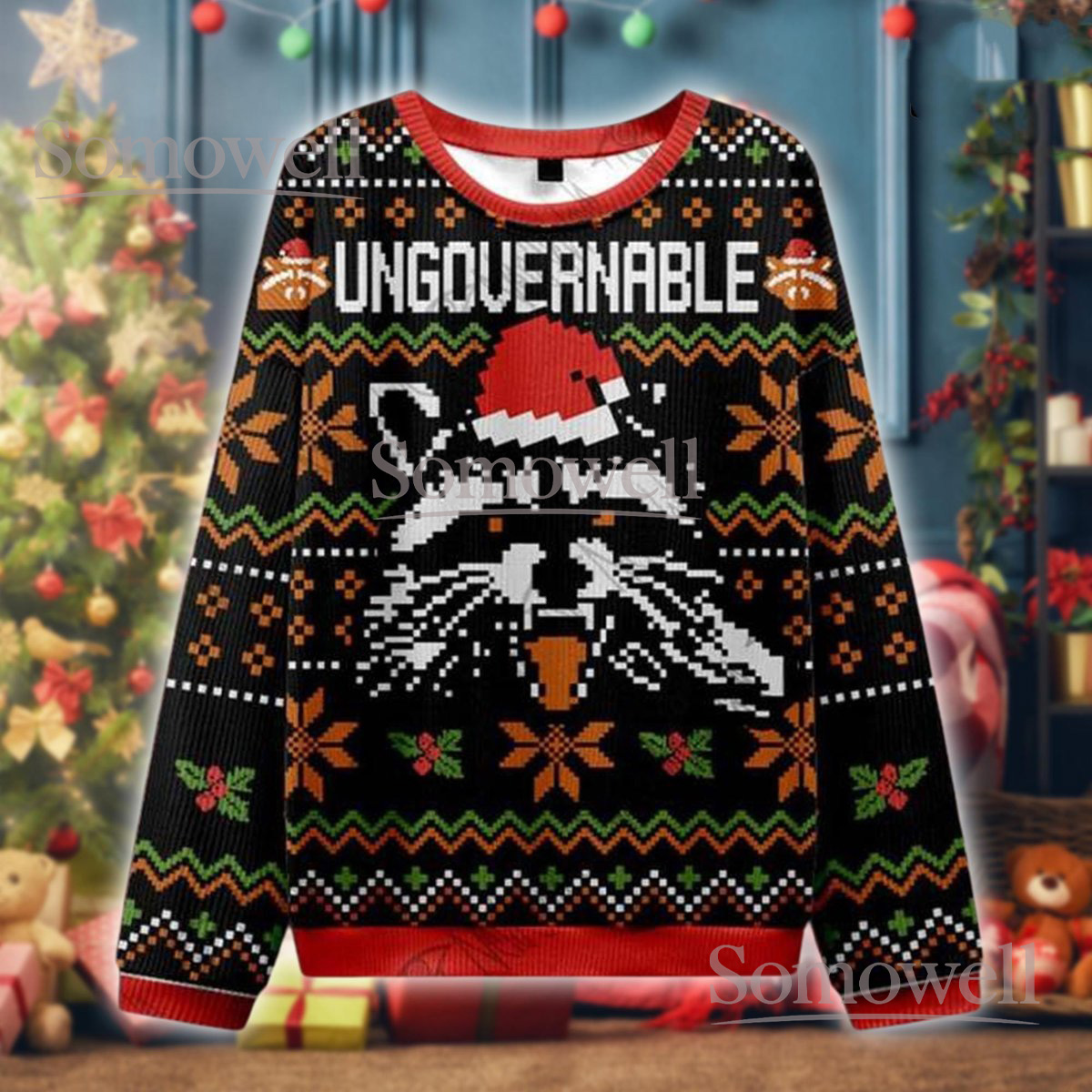 Ungovernable Raccoon Funny Christmas Ugly Sweater Black Retro Holiday Knit Jumper