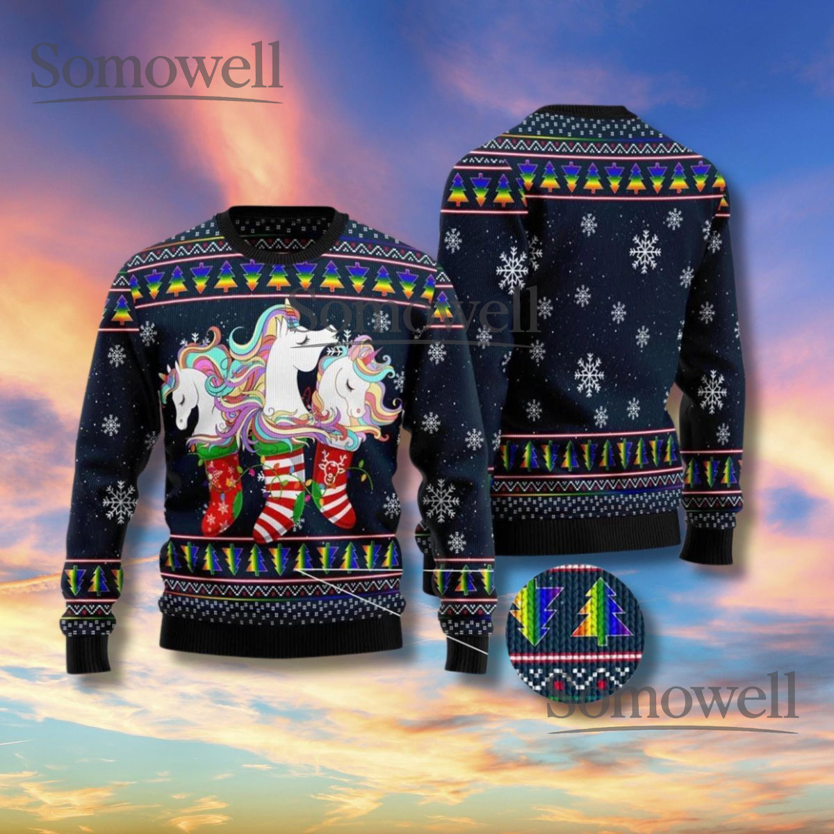 Unicorn Stocking Christmas Sweater Rainbow Snowflake Navy Unisex Ugly Xmas Knit