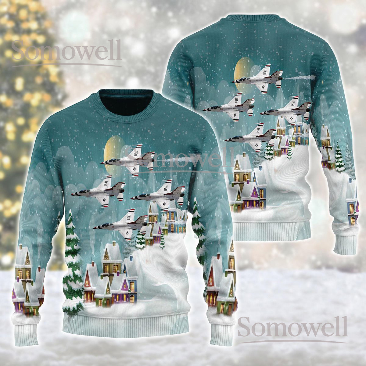 US Air Force Thunderbirds Ugly Christmas Sweater Fighter Jet Aviation Holiday Knit Jumper Gift