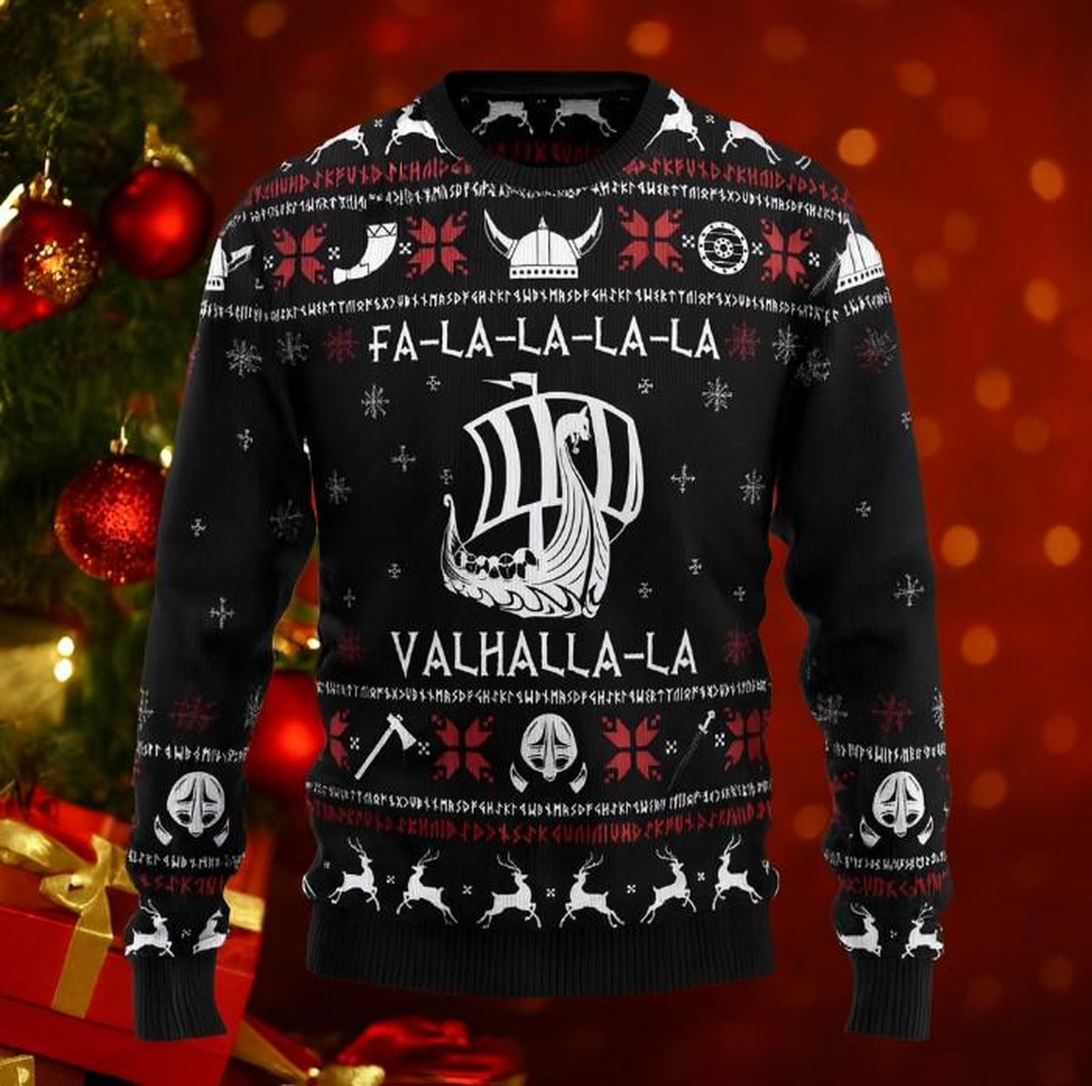 Viking Ship Valhalla La Ugly Christmas Sweater Nordic Holiday Pullover Gift