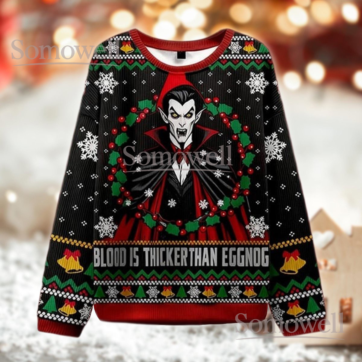 Blood Is Thicker Than Eggnog Vampire Gothic Christmas Ugly Sweater Red Black Holiday Knit Jumper