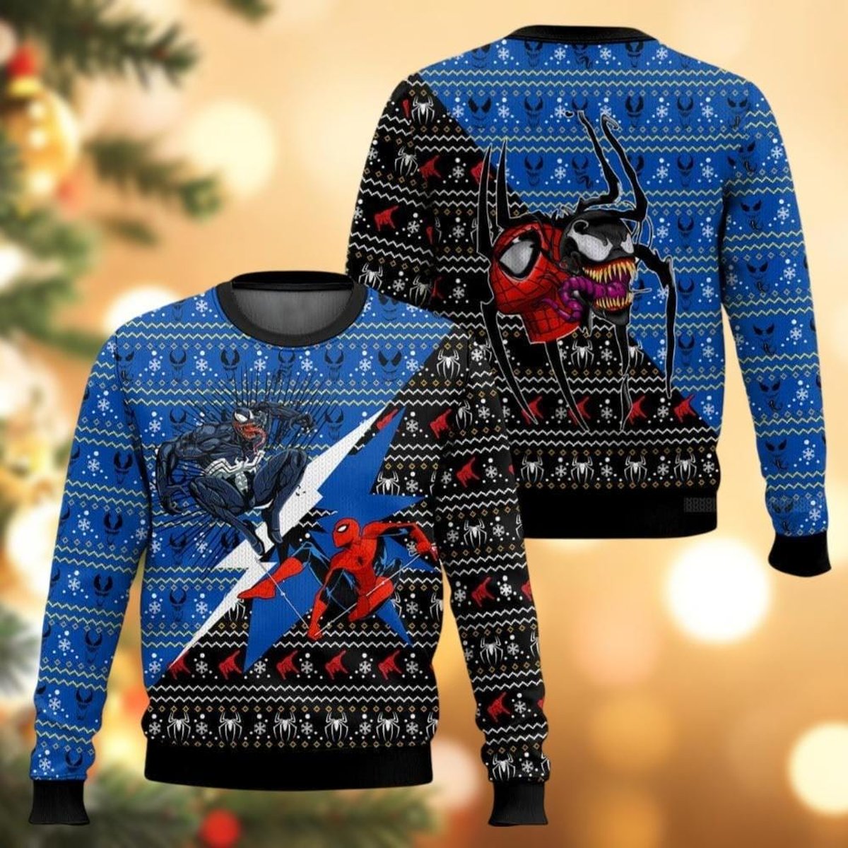 Venom And Spiderman Blue Black Ugly Christmas Sweater Funny Hero Knit Pullover Gift