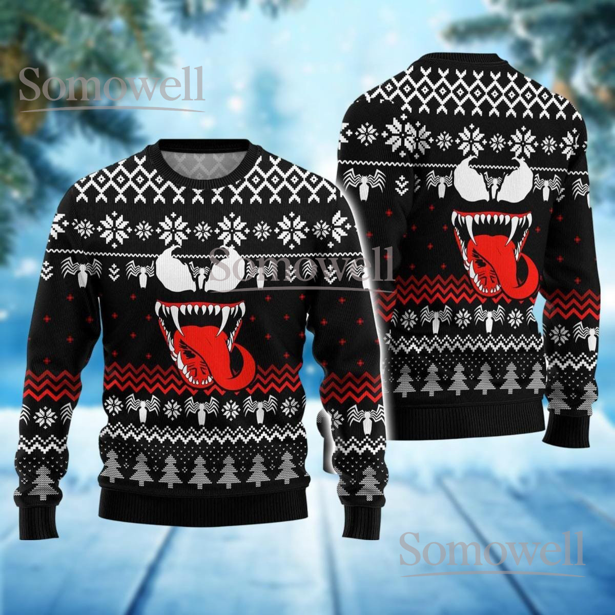 Venom Face Ugly Christmas Sweater Funny Marvel Villain Black Red Holiday Knit Jumper Gift