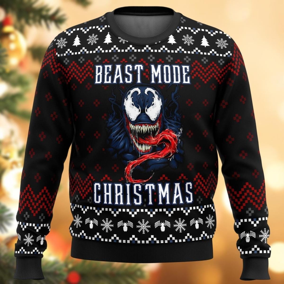 Venom Beast Mode Black Red Ugly Christmas Sweater Funny Holiday Knit Pullover Gift