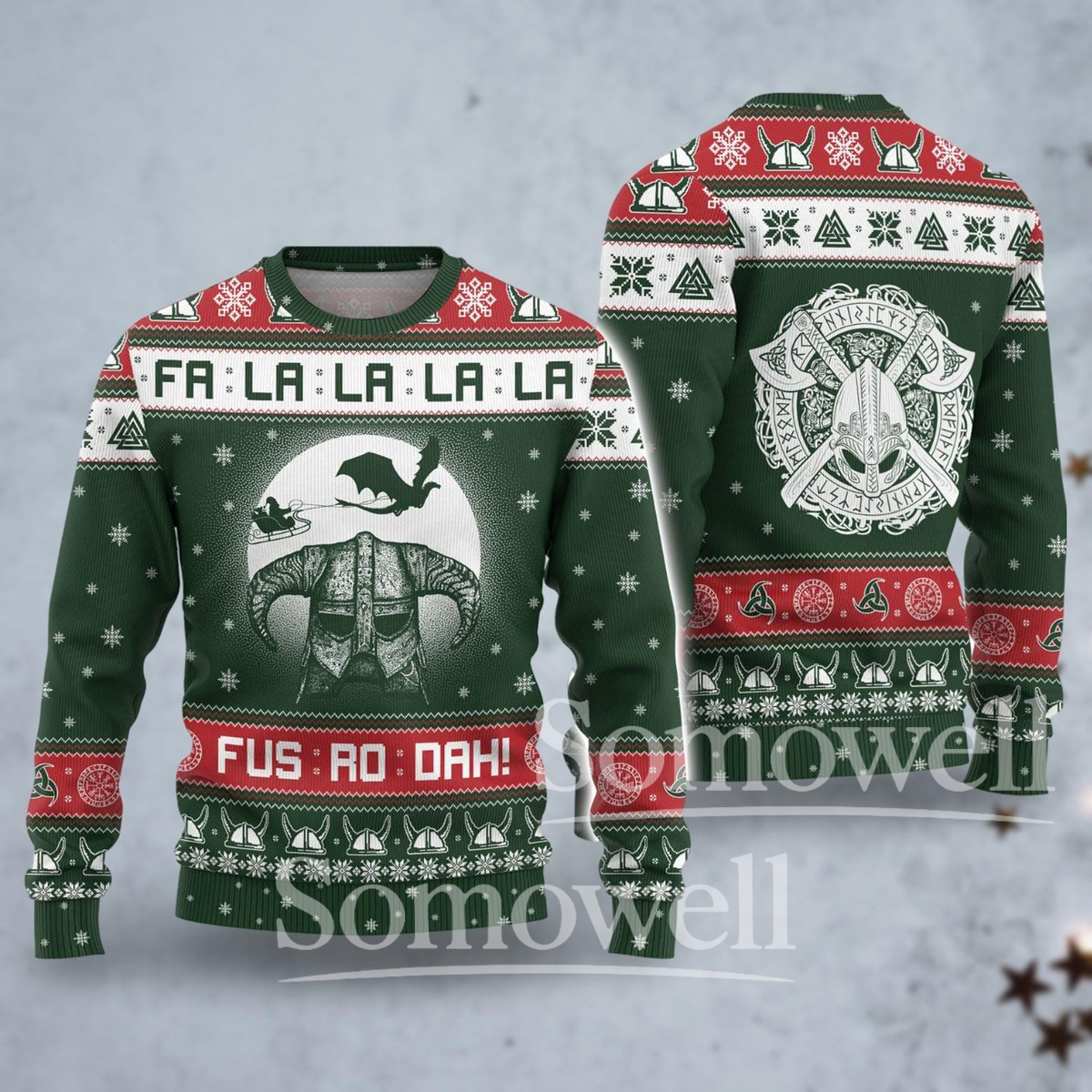 Viking Dragon Christmas Ugly Sweater Fa La La Nordic Holiday Knit Pullover Gift