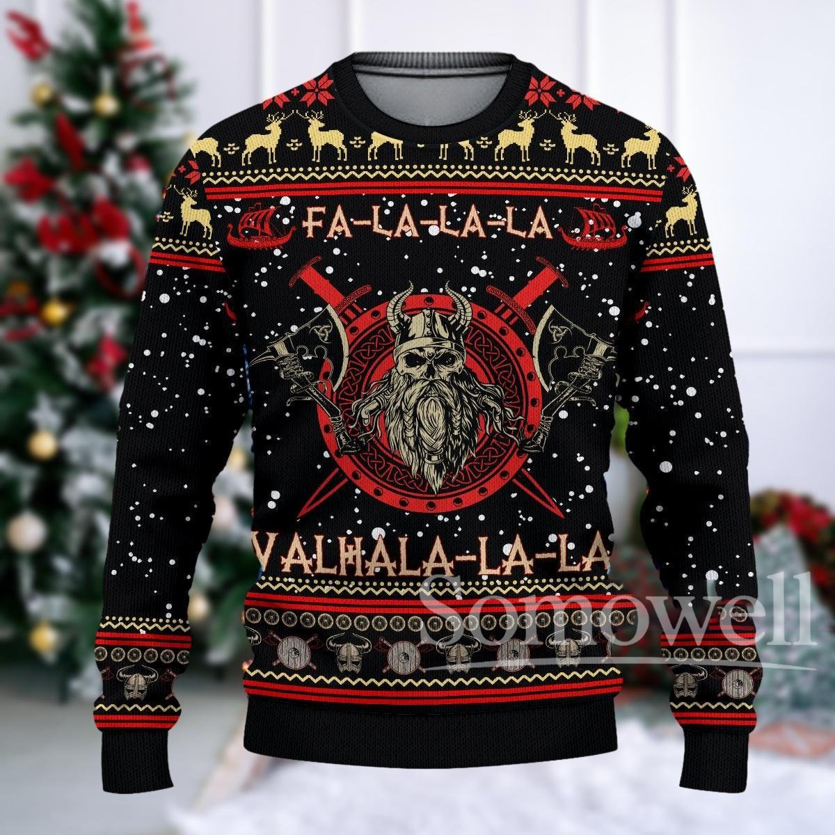 Viking Fa La La Teal Ugly Christmas Sweater Funny Nordic Holiday Knit Pullover Gift
