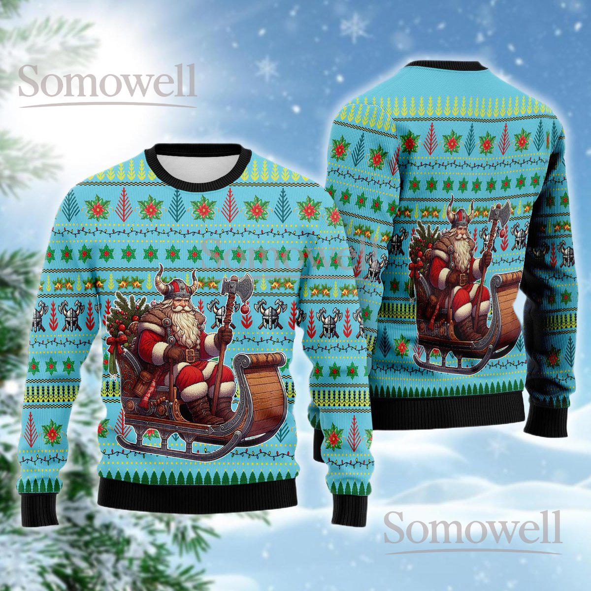 Viking Santa Sleigh Light Blue Christmas Ugly Sweater Norse Holiday Knit Jumper