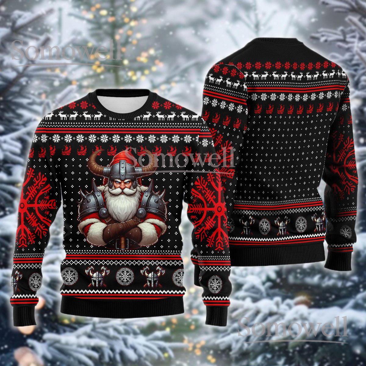 Viking Santa Black Red Christmas Ugly Sweater Warrior Norse Holiday Knit Jumper
