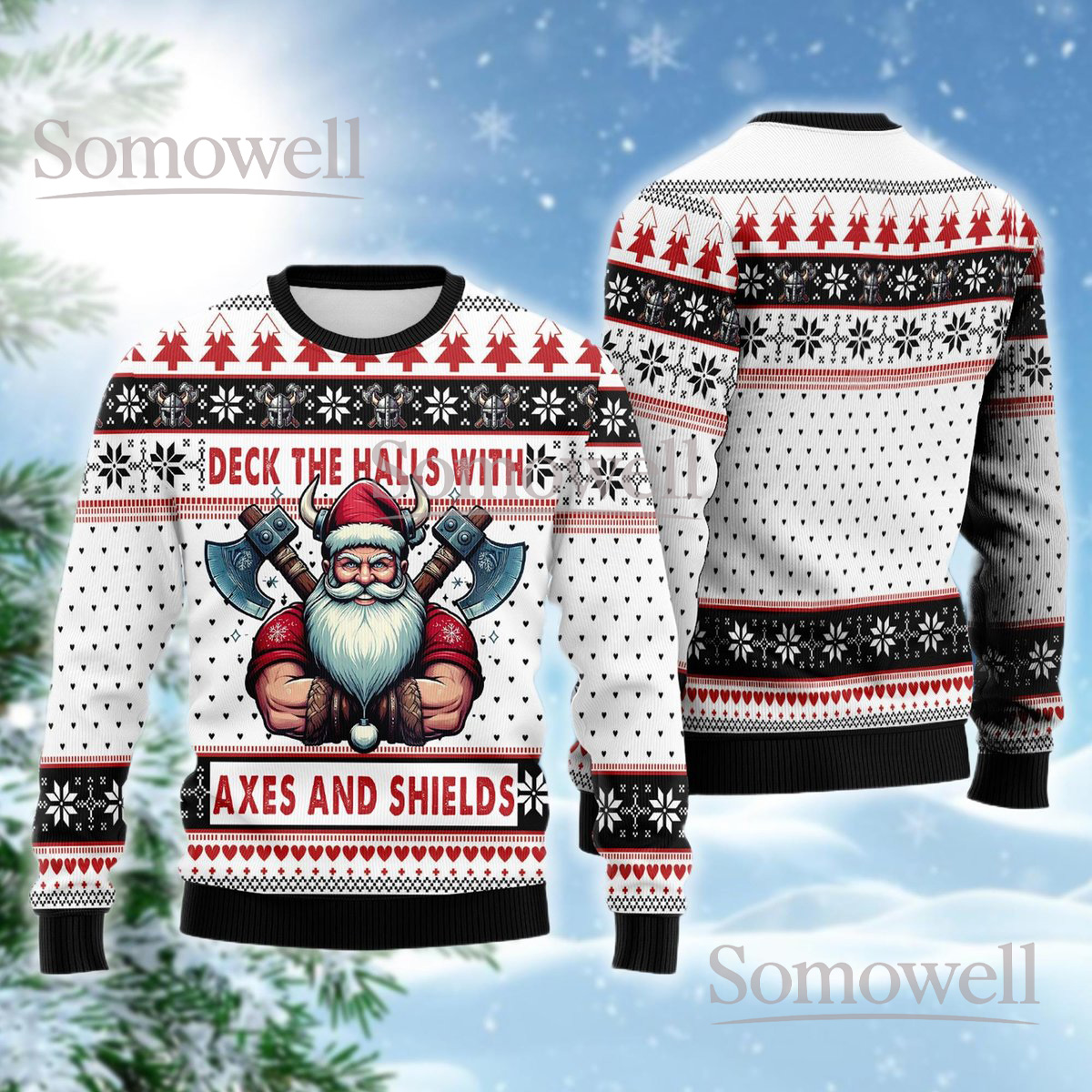 Viking Santa Axes and Shields White Christmas Ugly Sweater Warrior Holiday Knit Jumper