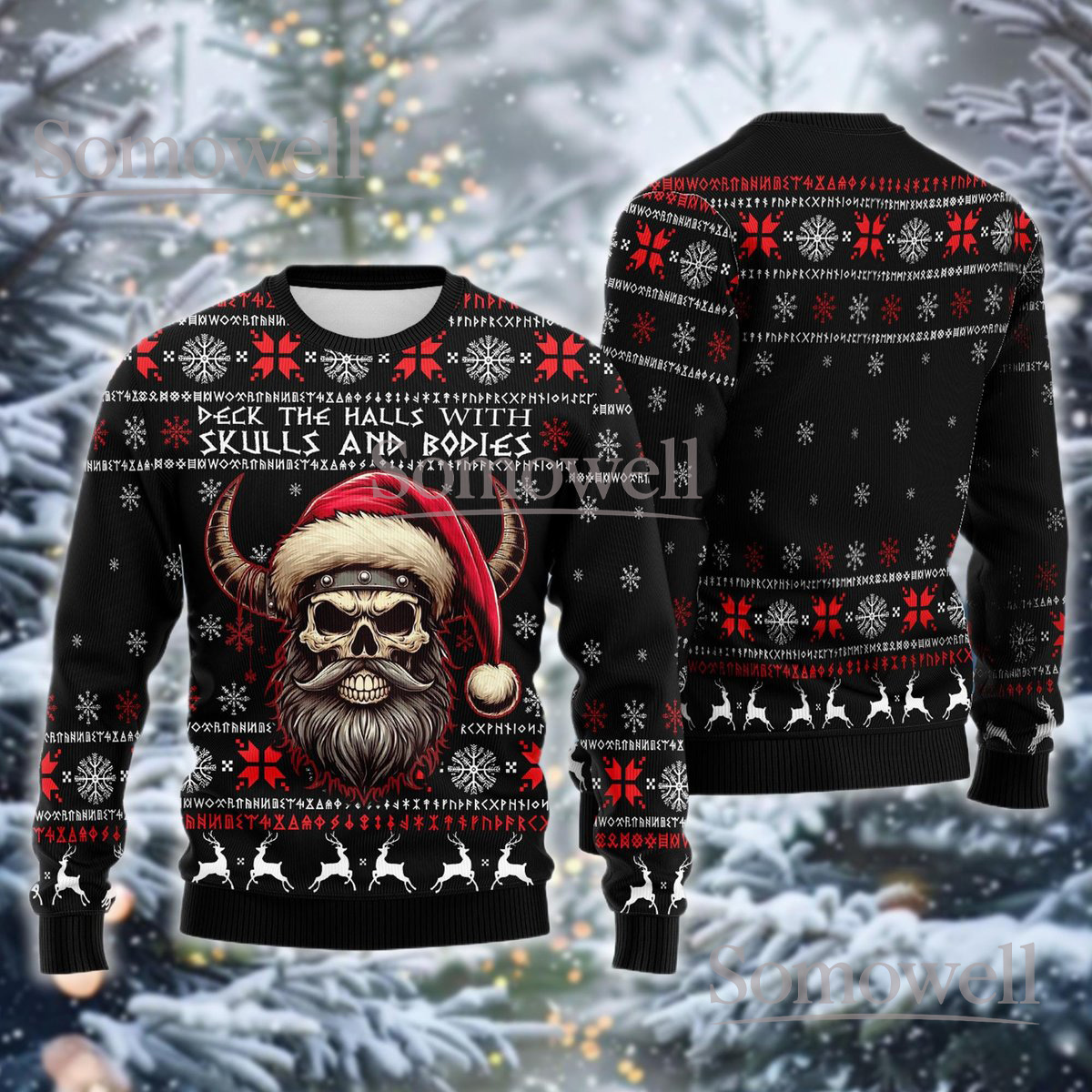 Viking Skull Santa Black Christmas Ugly Sweater Skulls and Bodies Holiday Knit Jumper