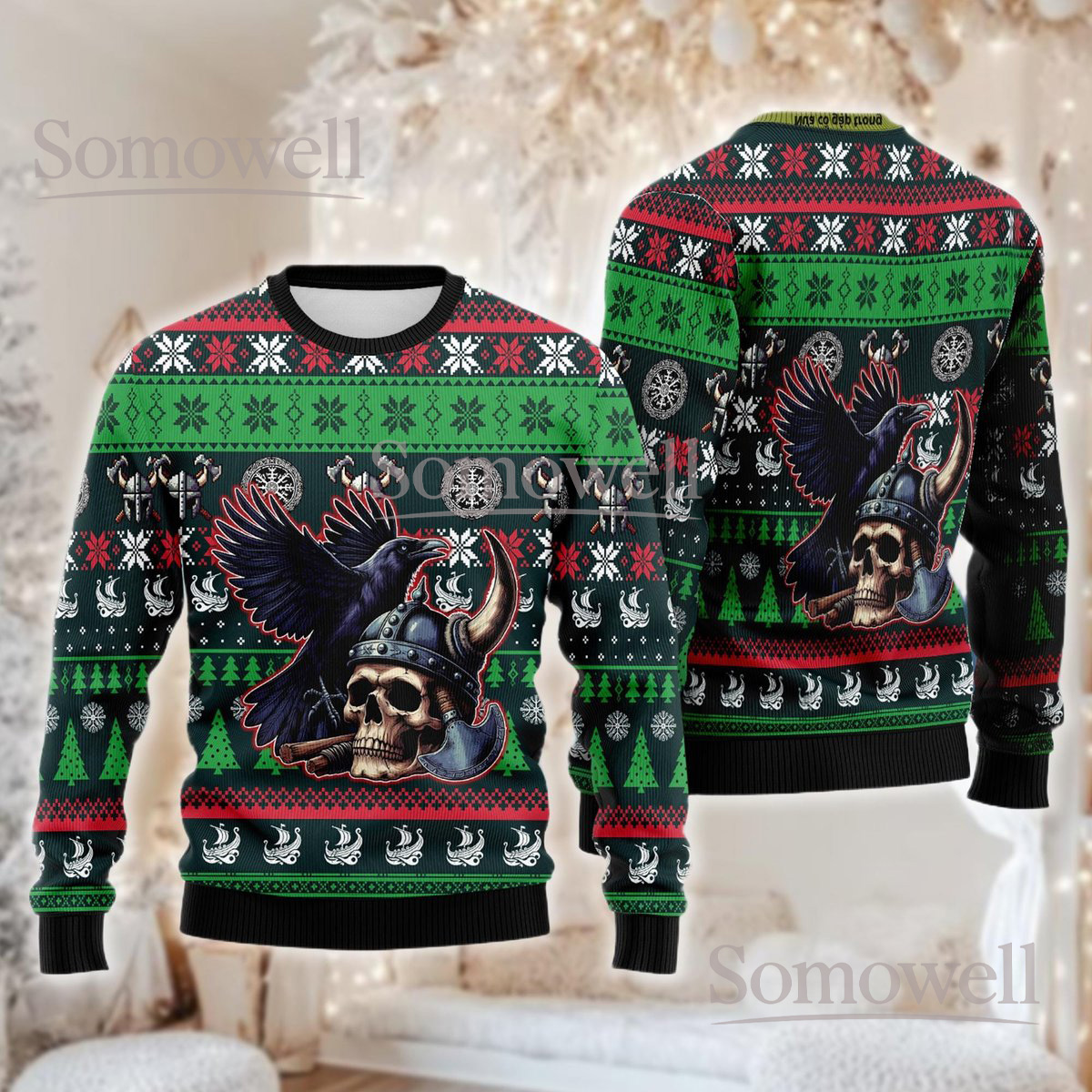 Viking Skull Raven Green Red Christmas Ugly Sweater Norse Warrior Holiday Knit Jumper