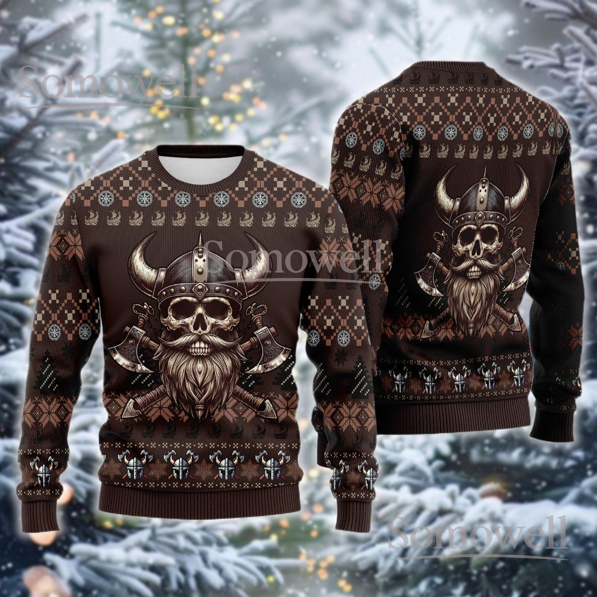 Brown Viking Skull Axes Christmas Ugly Sweater Nordic Warrior Holiday Knit Jumper