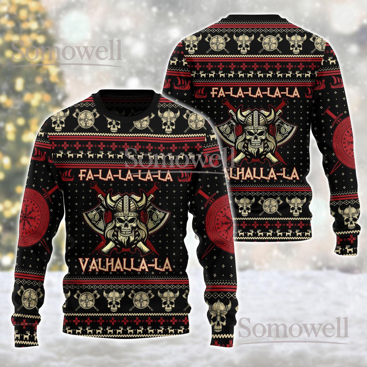 Viking Valhalla La La Ugly Christmas Sweater Funny Norse Warrior Holiday Knit Jumper Gift