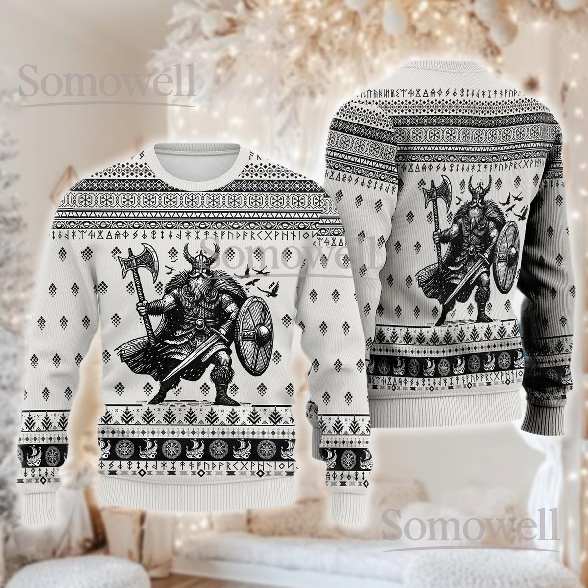 Viking Warrior Axes Shield White Christmas Ugly Sweater Norse Battle Holiday Knit Jumper