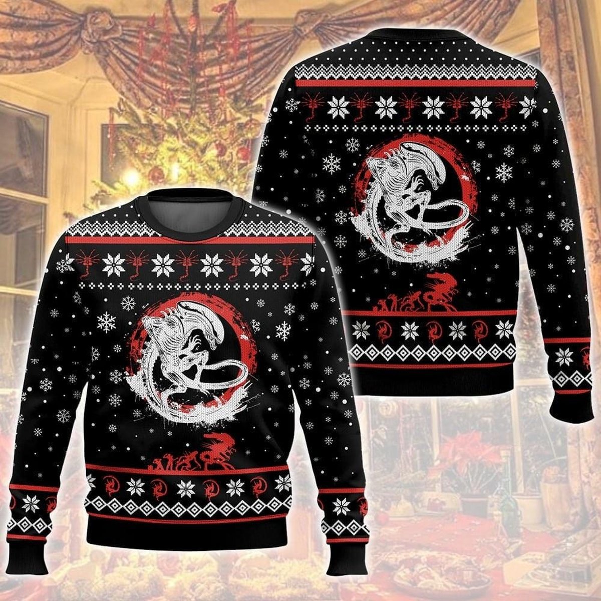 Alien Xenomorph Vintage Ugly Christmas Sweater Sci-Fi Horror Movie Holiday Pullover Gift