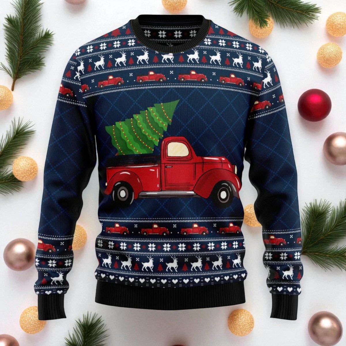 Red Truck Christmas Tree Ugly Christmas Sweater Vintage Holiday Pullover Gift