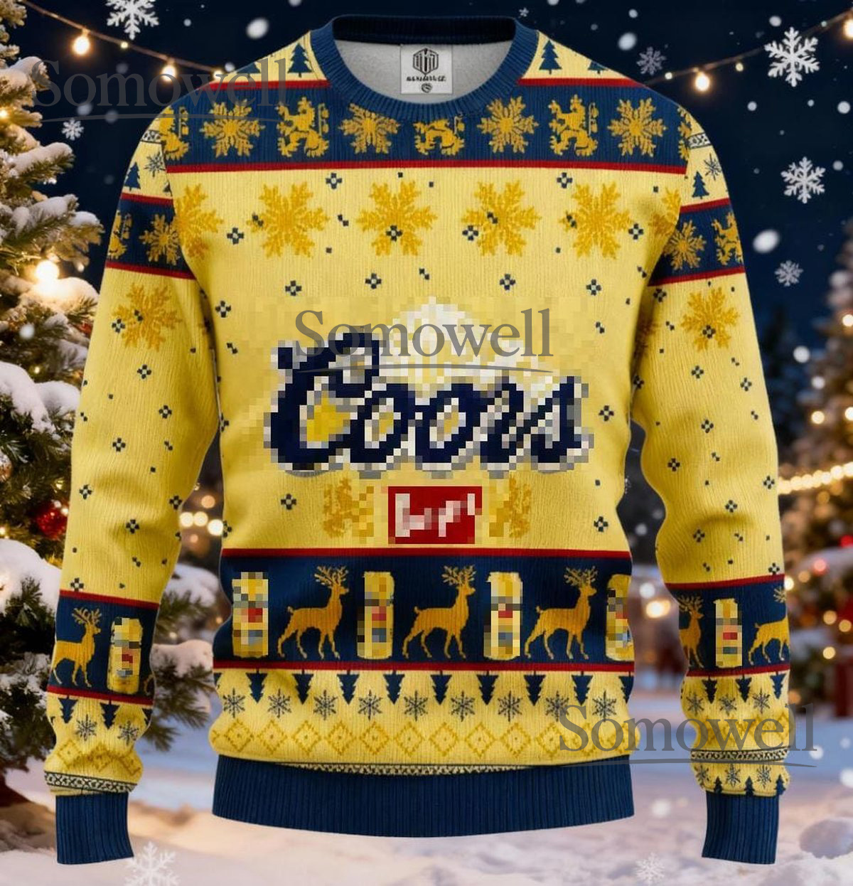 Coors Banquet Yellow Ugly Christmas Sweater Deer Pattern Beer Holiday Knit Jumper