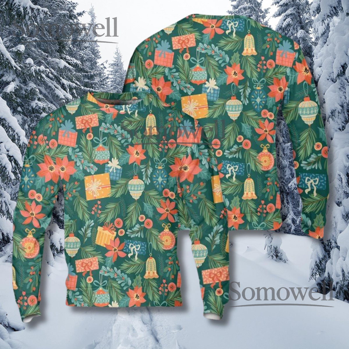 Vintage Floral Christmas Sweater Poinsettia Ornaments Festive Knit Outfit