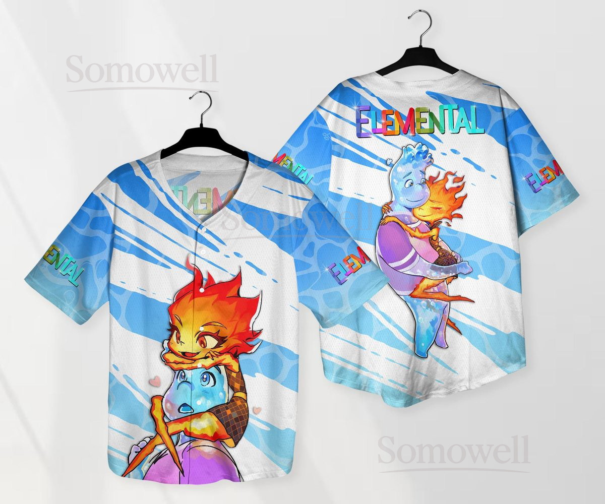 Custom Wade and Ember Baseball Jersey Shirt for Cartoon Fans Blue and White Elemental Movie Character Gift Apparel