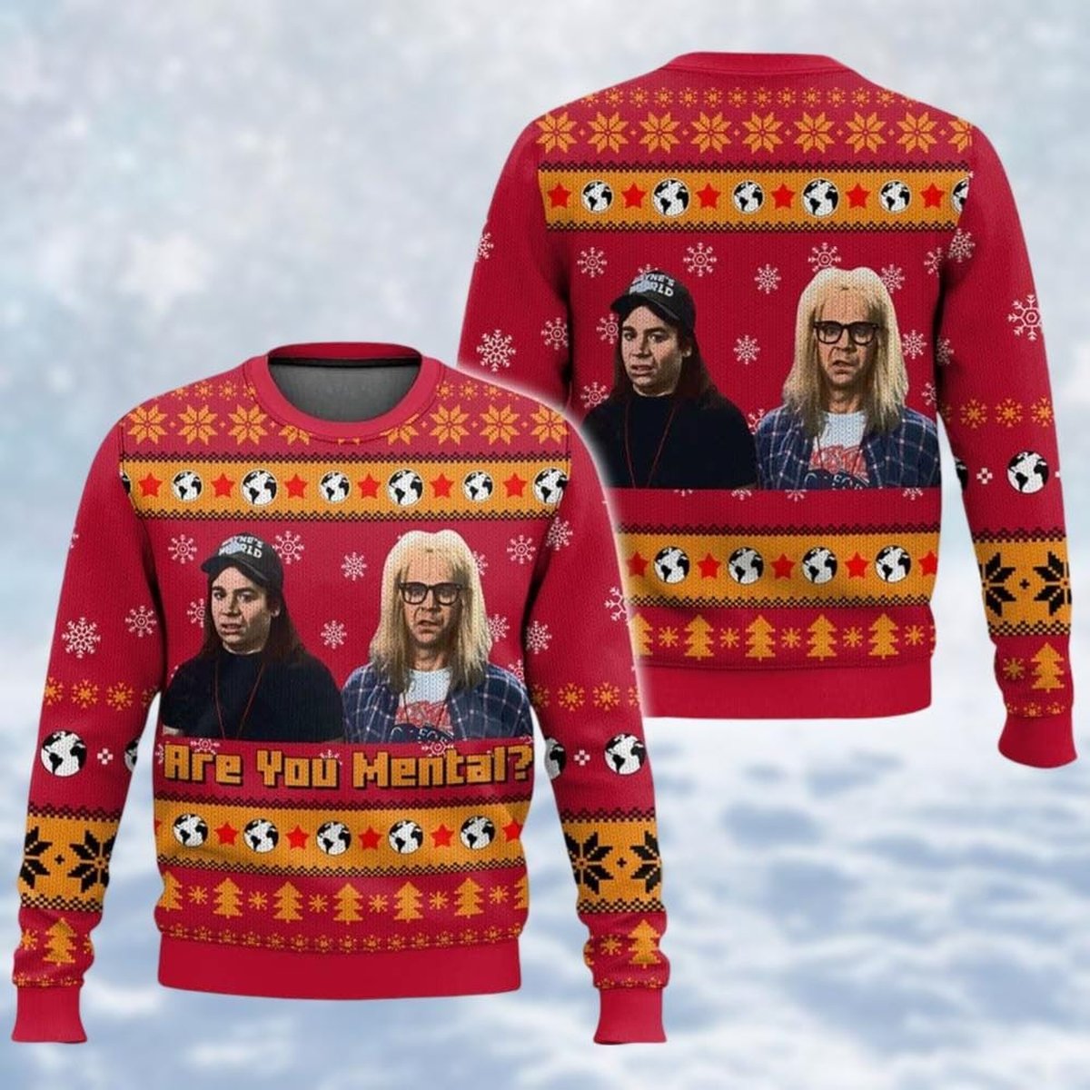 Wayne’s World Red Christmas Ugly Sweater Are You Mental Funny Movie Holiday Knit Jumper