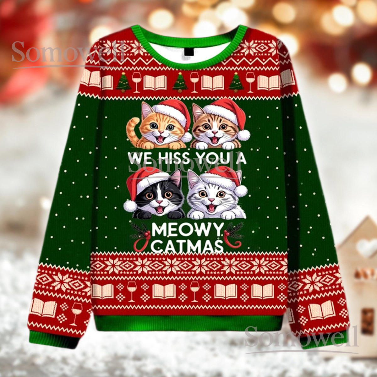 We Hiss You A Meowy Catmas Ugly Christmas Sweater Funny Cat Lovers Holiday Knit Jumper Gift