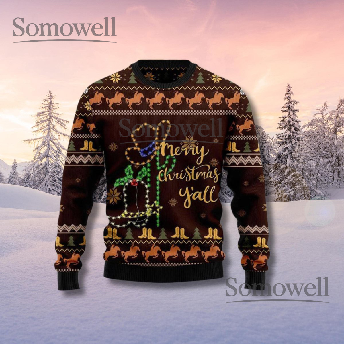 Western Ugly Christmas Sweater Cowboy Horses Knit Pullover