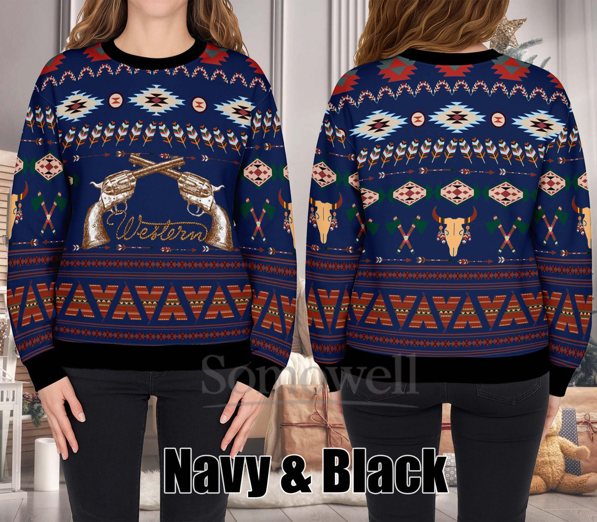 Western Cowboy Navy Ugly Christmas Sweater Guns and Skulls Aztec Holiday Knit Jumper