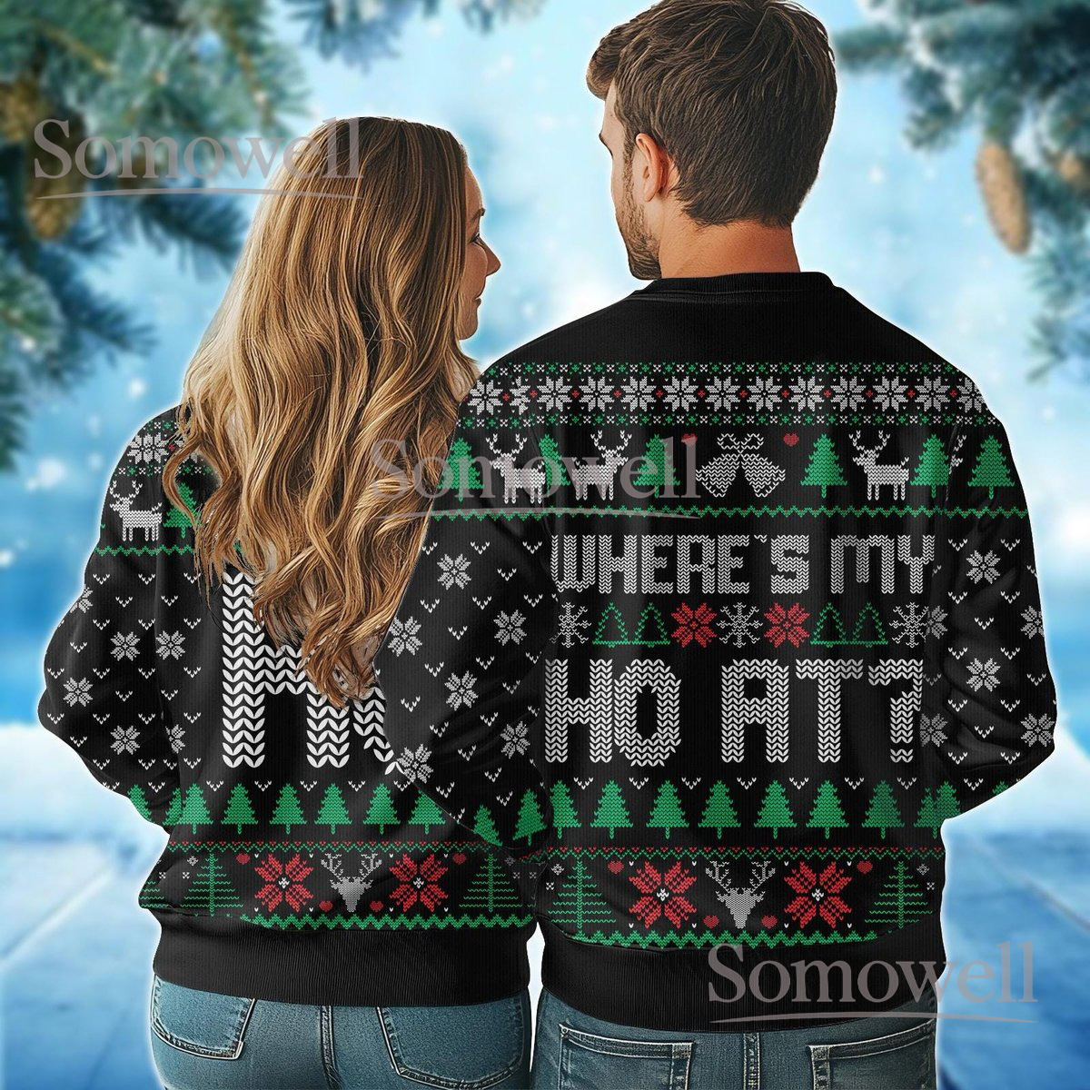 Where’s My Ho At Matching Ugly Christmas Sweater Funny Couples Holiday Knit Jumper Gift
