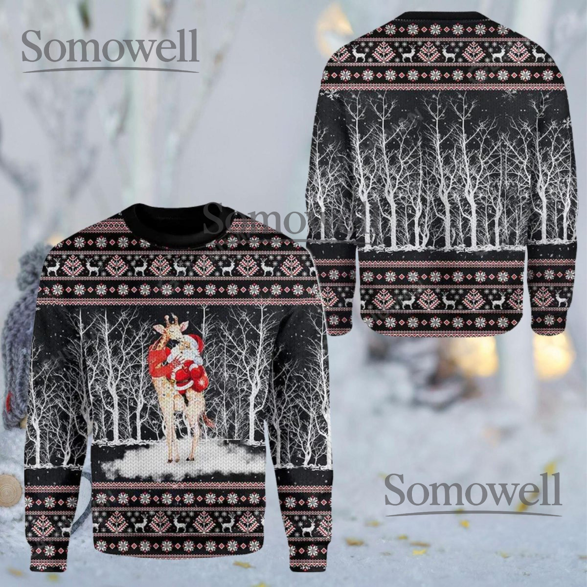 Whimsical Giraffe and Santa Black Ugly Christmas Sweater Winter Forest Holiday Knit Jumper
