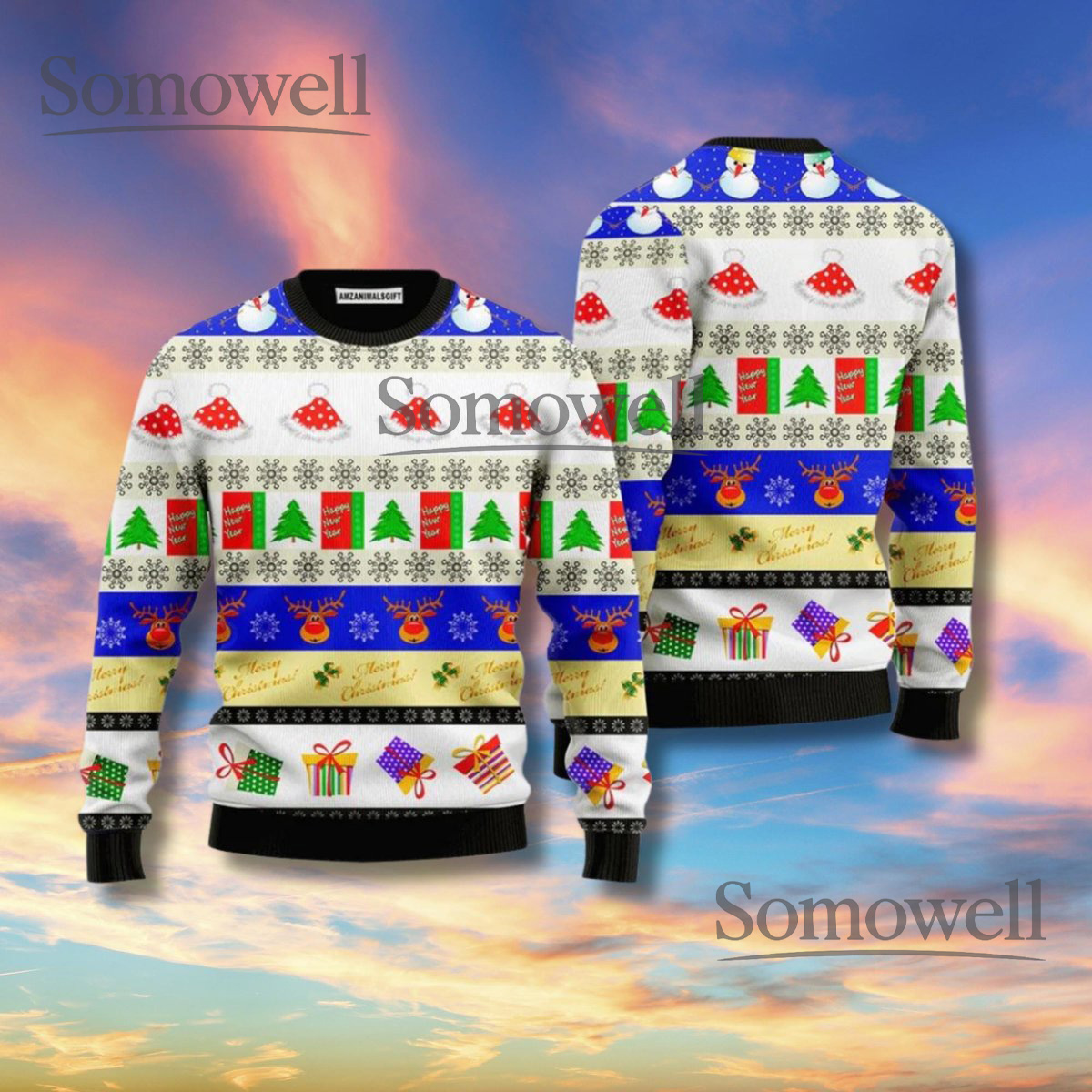 White Christmas Sweater Snowman Reindeer Gifts Trees Pattern Unisex Ugly Xmas Knit