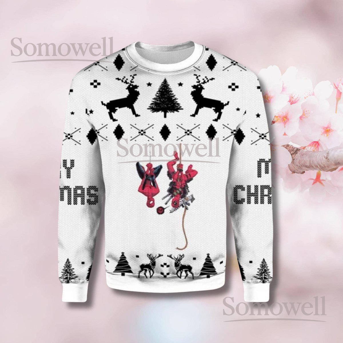 White Ugly Christmas Sweater with Red Masked Hero Duo Funny Superhero Hanging Holiday Knit Jumper Gift