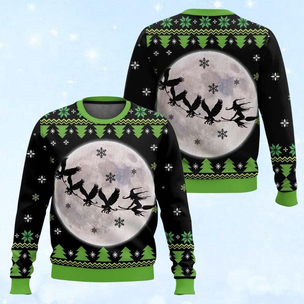 Wicked Flying Witches Moon Green Black Christmas Sweater