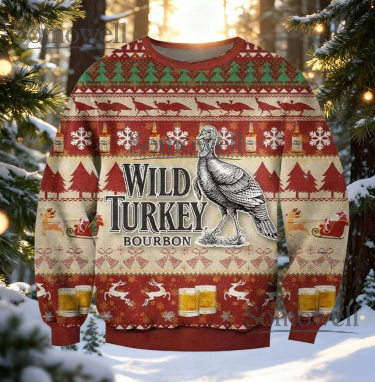 Wild Turkey Bird Forest Pattern Christmas Ugly Sweater Holiday Knit Gift
