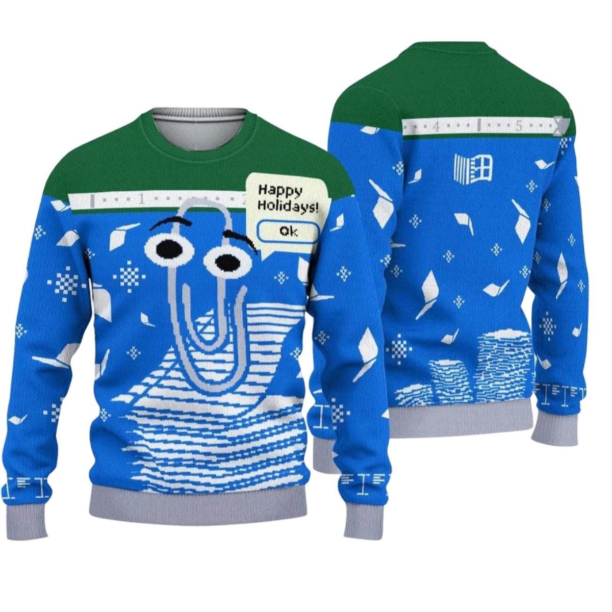 Windows Happy Holidays Ugly Christmas Sweater Retro Clippy Blue Green Geeky Knit Jumper