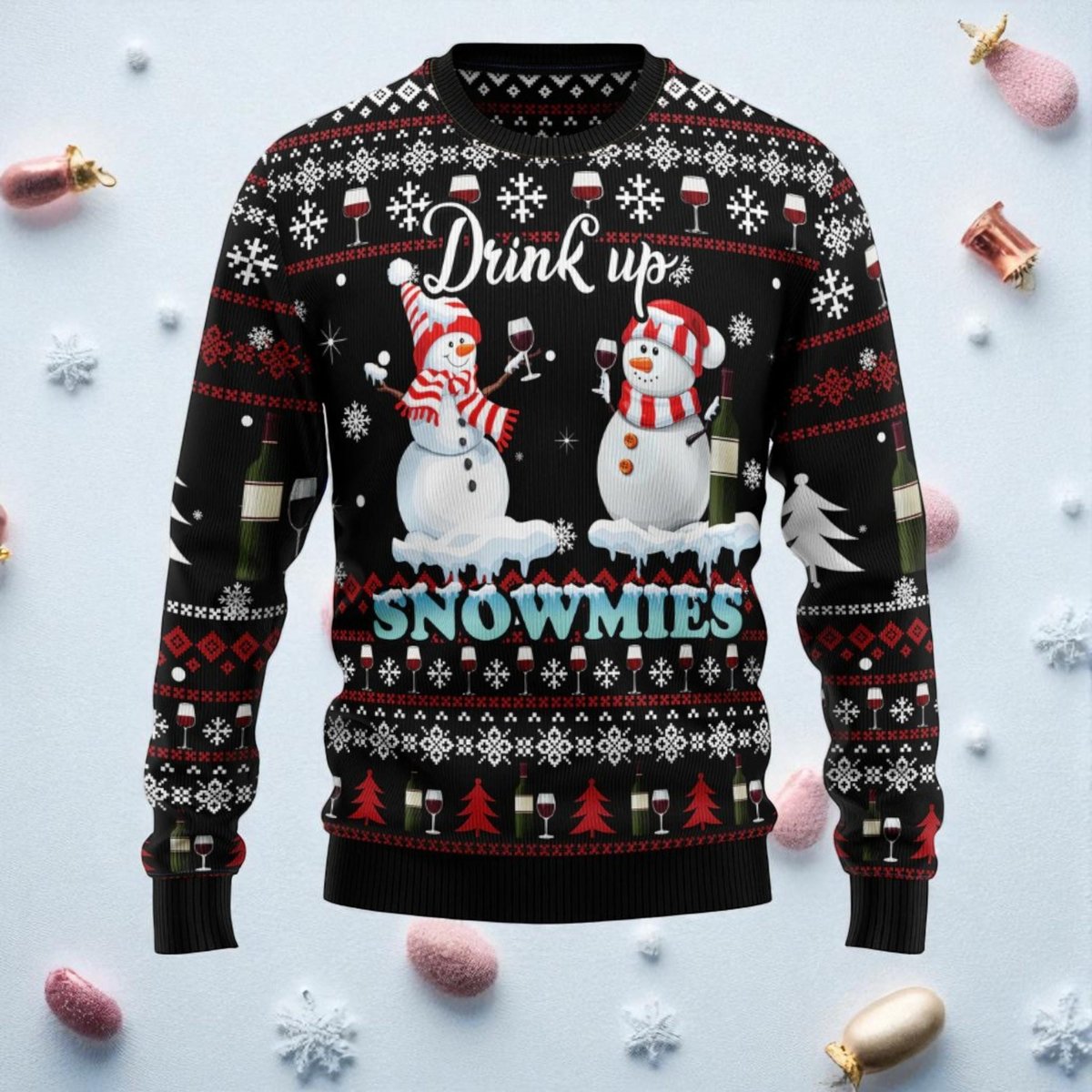 Snowmies Wine Ugly Christmas Sweater Funny Snowman Holiday Pullover Gift