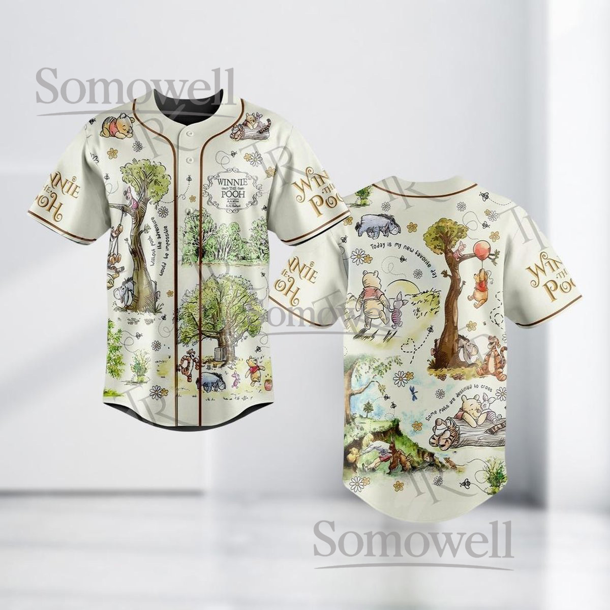 Winnie The Pooh Baseball Jersey Vintage Art Print Summer Cartoon Character Shirt Casual Button-Up