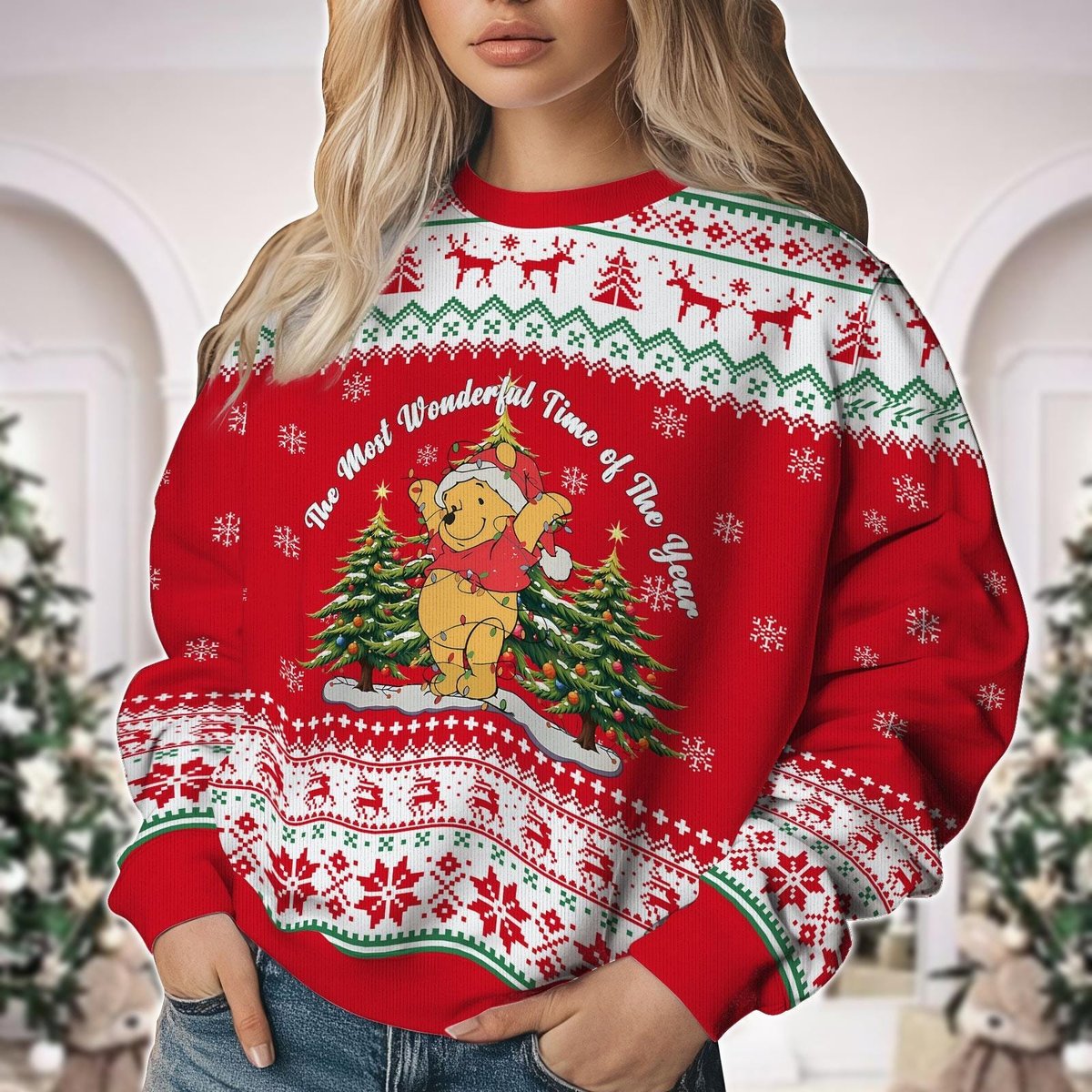 Winnie The Pooh Christmas Lights Ugly Sweater Cute Holiday Disney Gift