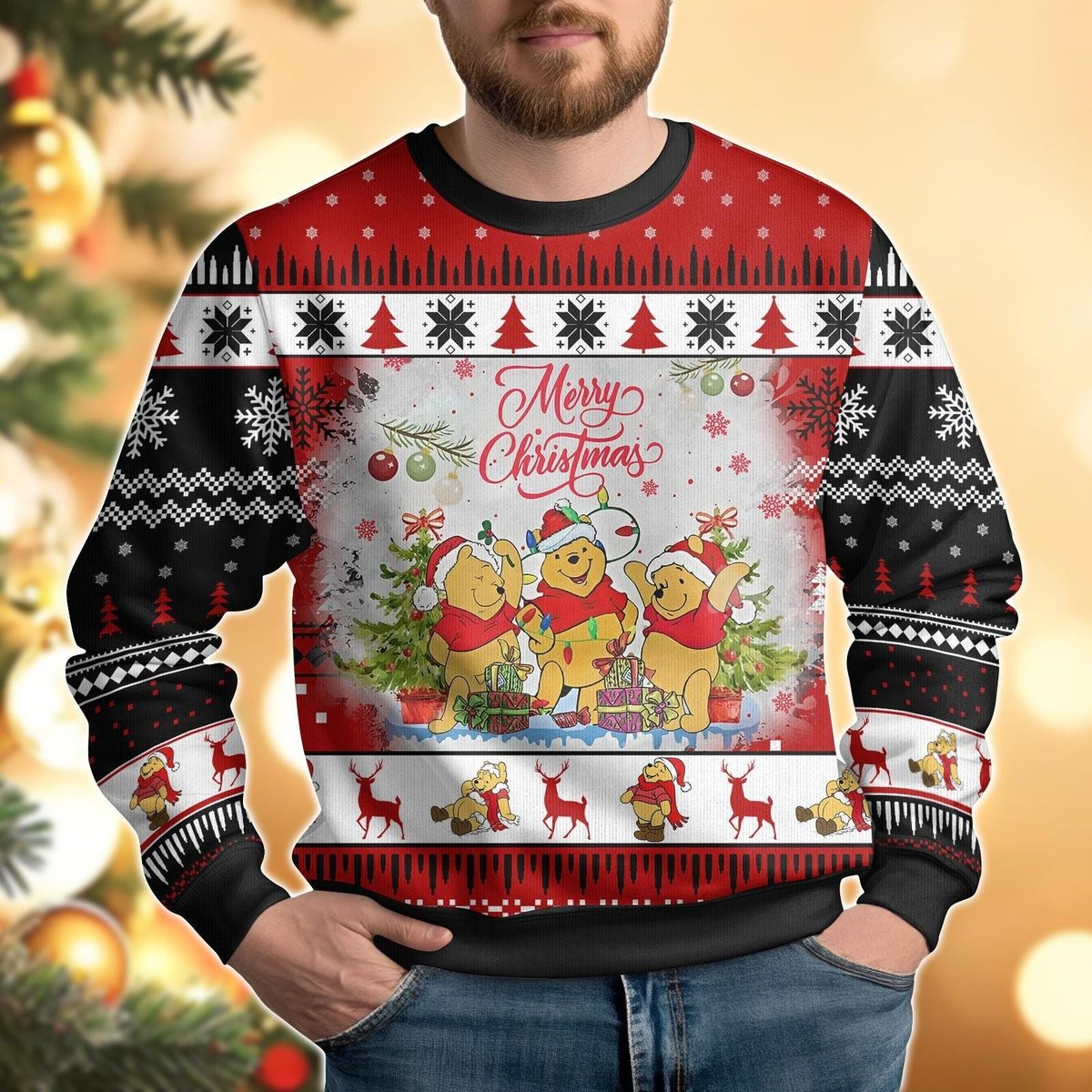 Winnie The Pooh Christmas Lights Red Ugly Christmas Sweater Funny Holiday Knit Gift