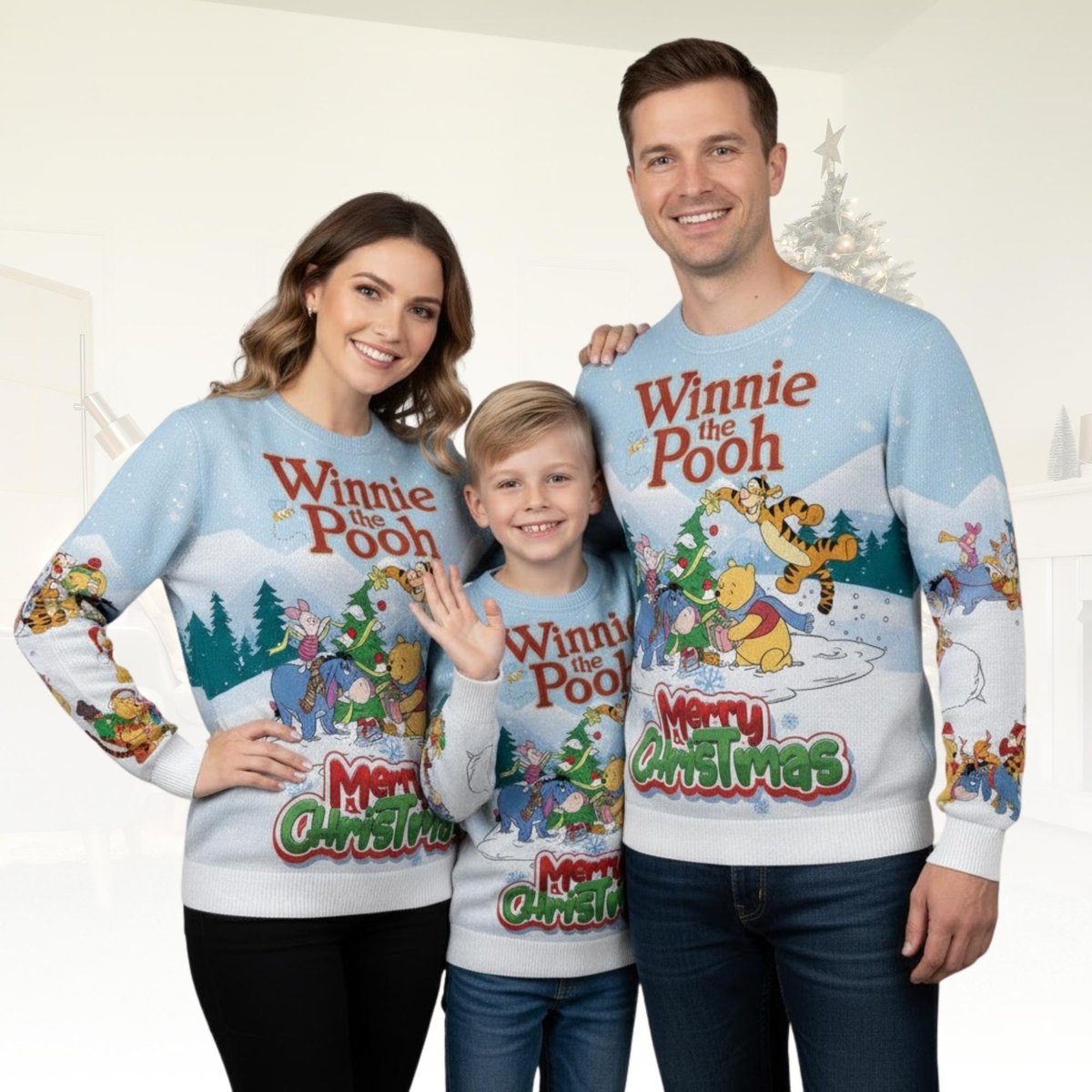 Winnie The Pooh Merry Christmas Blue Family Matching Ugly Sweater Holiday Knit Gift
