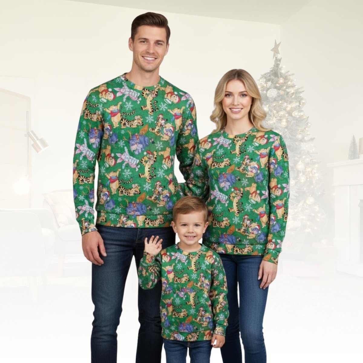 Winnie The Pooh Green Pattern Christmas Ugly Sweater Cute Cartoon All-Over Print Knit Jumper