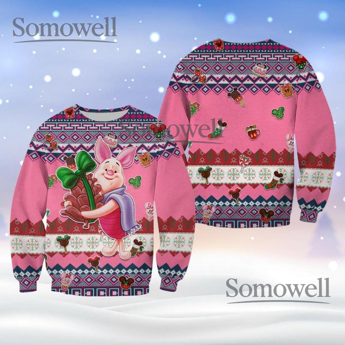 Piglet Winnie the Pooh Pink Christmas Sweater Cute Holiday Knit
