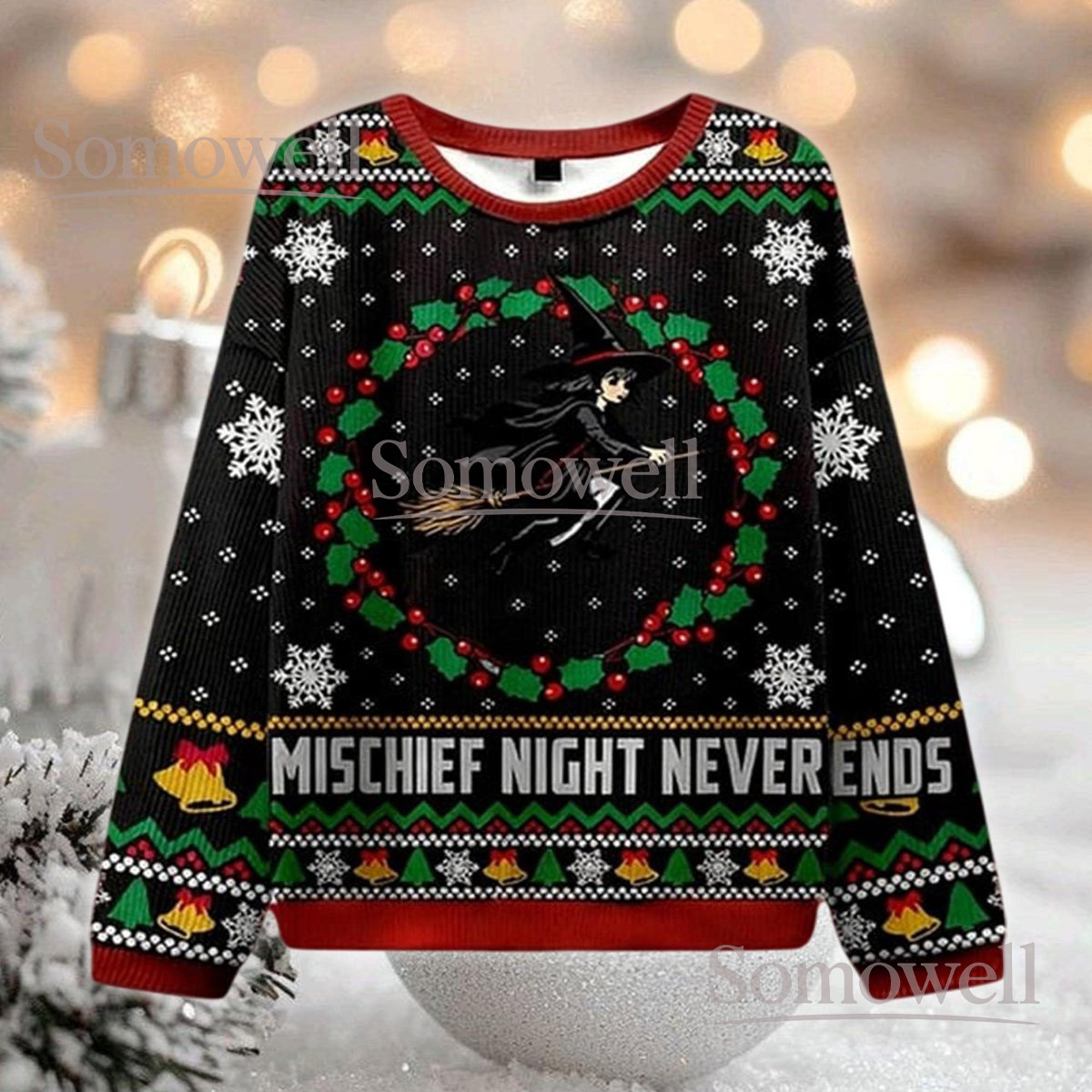 Witch Ugly Christmas Sweater Mischief Night Never Ends Funny Holiday Gift