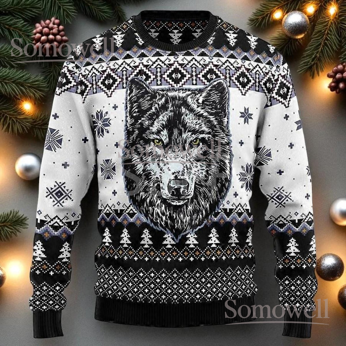 Wolf Pattern Christmas Black White Ugly Sweater Wild Animal Holiday Knit Jumper