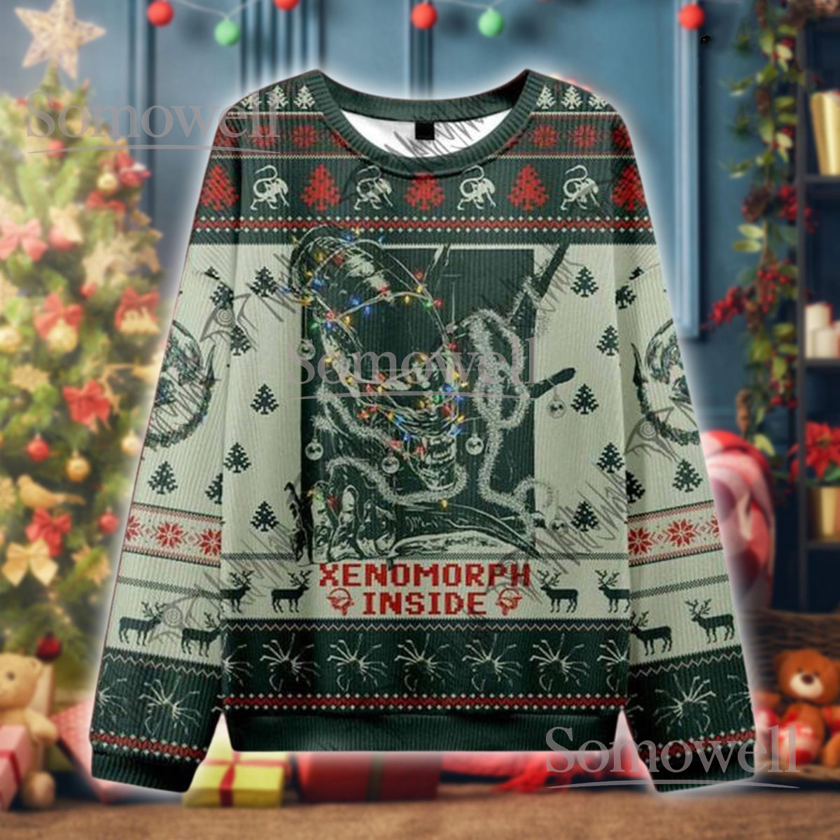 Xenomorph Inside Alien Sci-Fi Christmas Green Ugly Sweater Retro Holiday Knit Jumper