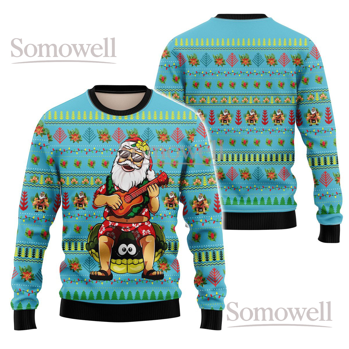Santa Playing Ukulele and Turtle Ugly Christmas Sweater Funny Hawaiian Beach Holiday Knit Jumper Gift