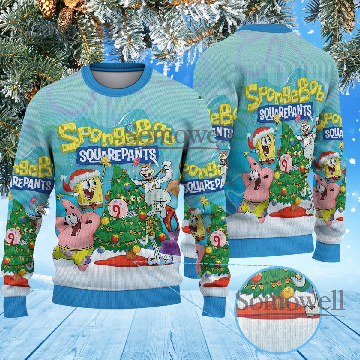 SpongeBob SquarePants Light Blue Ugly Christmas Sweater Cartoon Holiday Knit Jumper